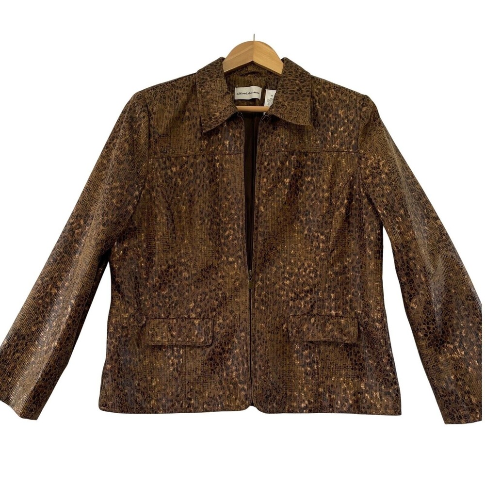 Alfred Dunner Animal Print Blazer Women Jacket Pockets Full Zip Brown‎ Size 16